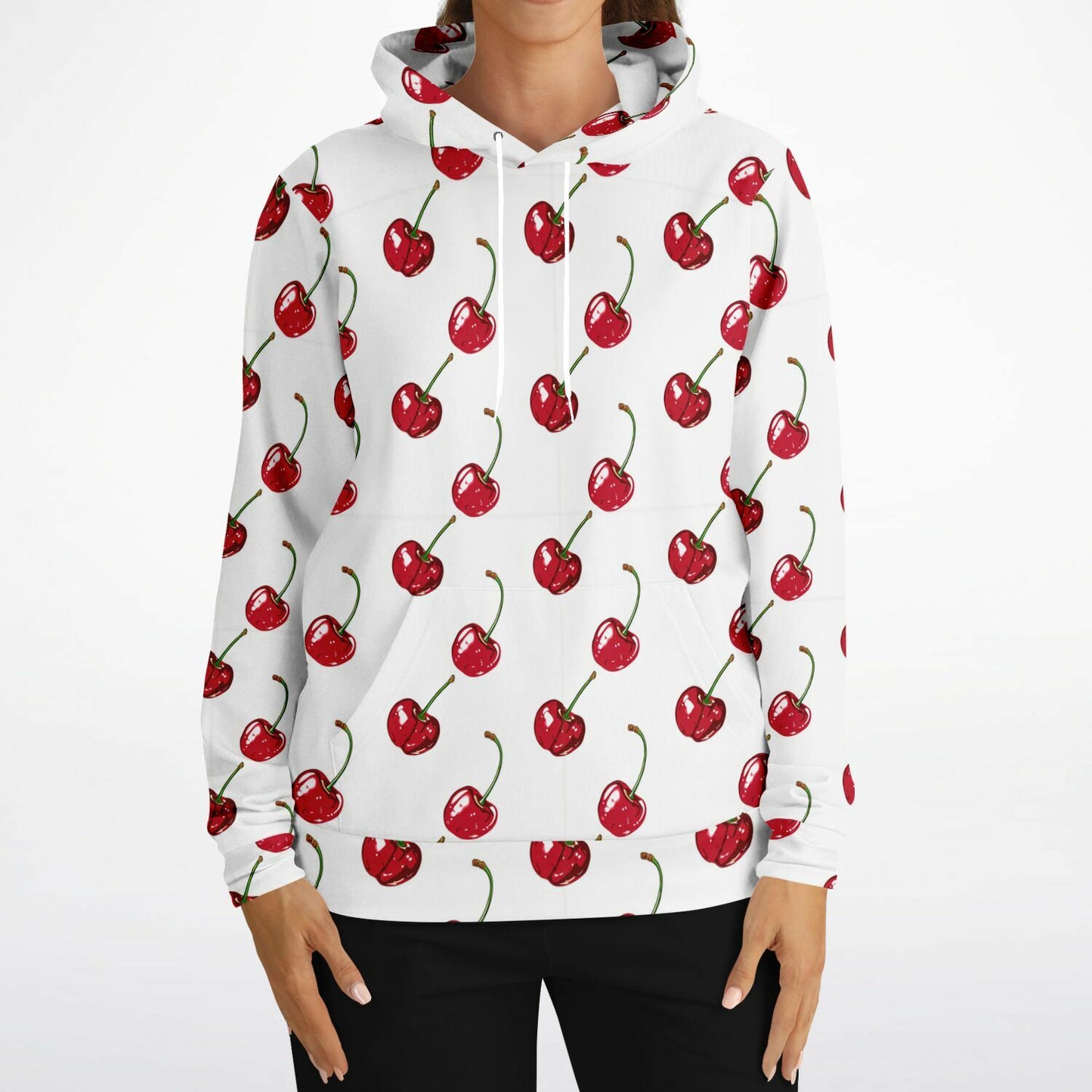 Cherry Hoodie, Red White Fruit Pullover Men Women Adult Aesthetic Graphic Cotton Hooded Sweatshirt with Pockets Designer Plus Size
