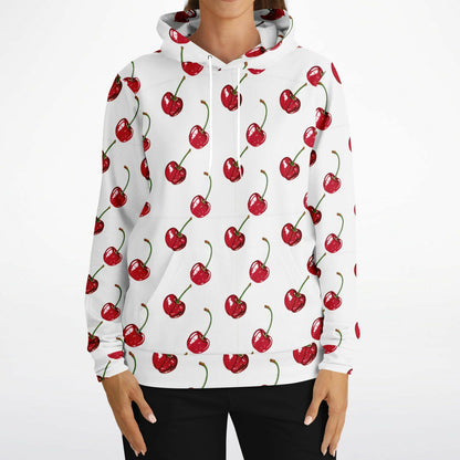 Cherry Hoodie, Red White Fruit Pullover Men Women Adult Aesthetic Graphic Cotton Hooded Sweatshirt with Pockets Designer Plus Size