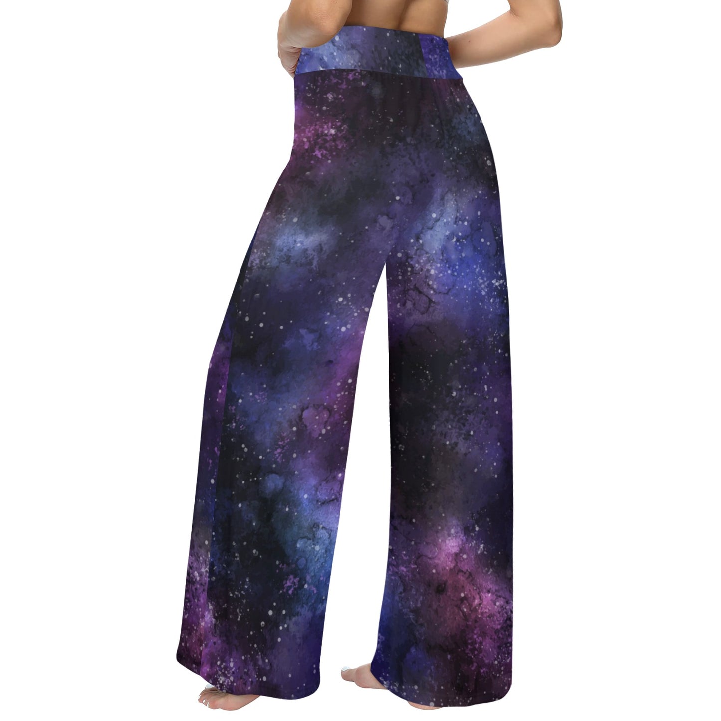 Galaxy Stars Women Wide Leg Pants Pockets, Space Purple Universe Print Yoga Trousers High Waisted Ladies Comfy Drawstring Lounge Flowy