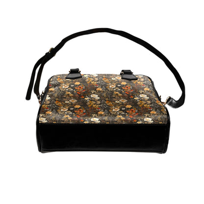 Brown Floral Purse, Flowers Fall Autumn Retro Pattern Cute Small Shoulder Zip Bag Vegan Leather Women Designer Handbag Crossbody Ladies