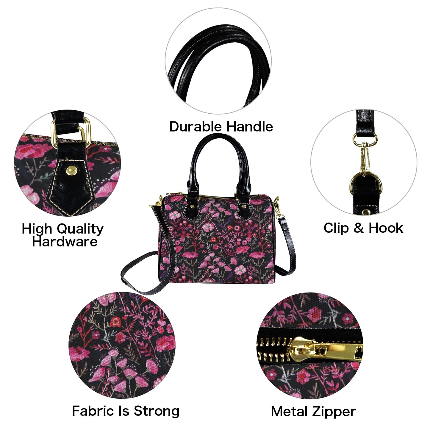 Pink Floral Purse Handbag, Flowers Women Ladies Print Canvas and Leather Barrel Type Designer Accessory Shoulder Crossbody Bag Gift