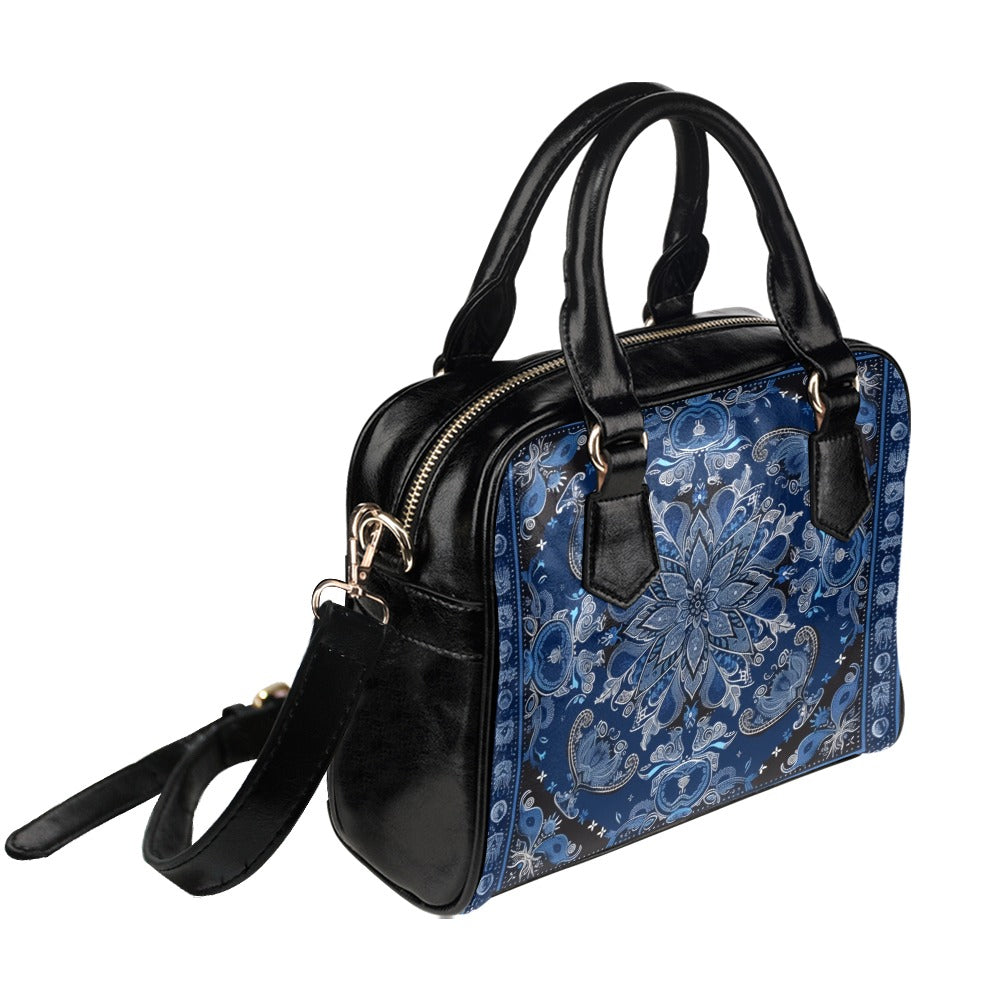 Blue Black Bandana Print Purse, Paisley Women Pattern Cute Small Shoulder Bag Vegan Leather Designer Ladies Handbag Crossbody