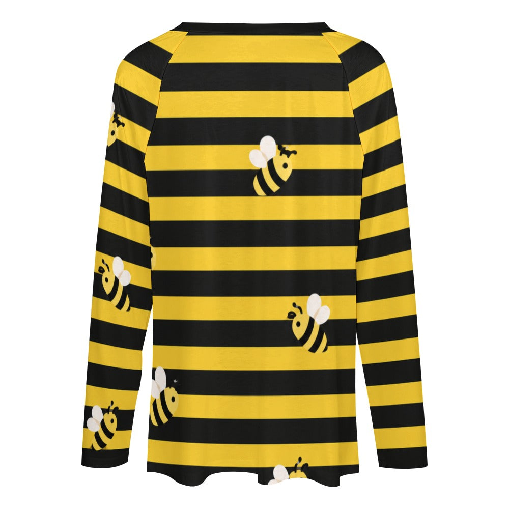 Bee Black Yellow Striped Women Long Sleeve Tshirt loose fit, Bumble Relaxed V-neck Designer Graphic Aesthetic Ladies Female Tee Top Shirt