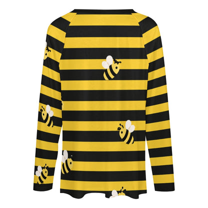 Bee Black Yellow Striped Women Long Sleeve Tshirt loose fit, Bumble Relaxed V-neck Designer Graphic Aesthetic Ladies Female Tee Top Shirt