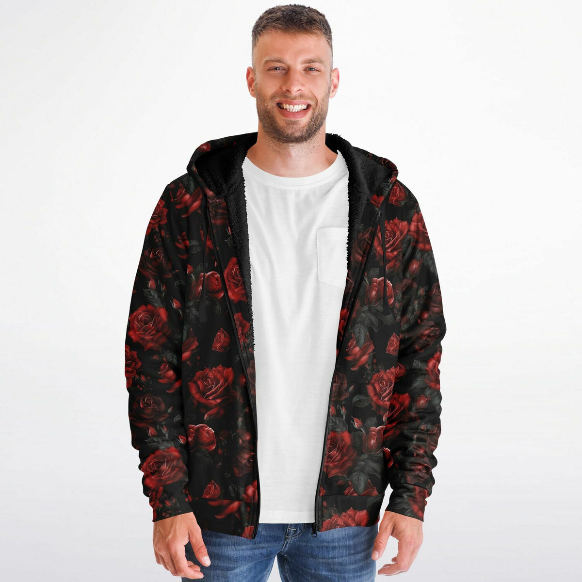 Red Roses Zip Up Fleece Lined Hoodie, Floral Flowers Sherpa Heavyweight Full Zipper Pocket Men Women Unisex Graphic Hooded Sweatshirt Jacket