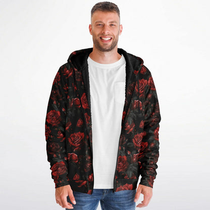 Red Roses Zip Up Fleece Lined Hoodie, Floral Flowers Sherpa Heavyweight Full Zipper Pocket Men Women Unisex Graphic Hooded Sweatshirt Jacket