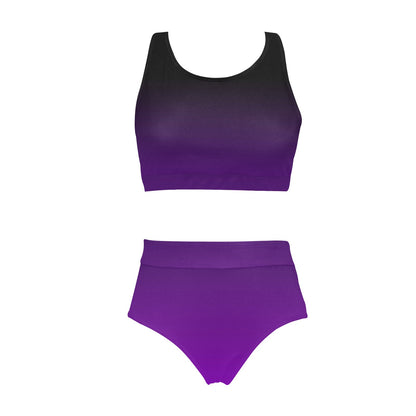 Black Purple Ombre Sports Bikini Set, Tie Dye Gradient High Waisted Cheeky Bottom Crop Halter Top Swimsuits Women Padded Festival Swimwear