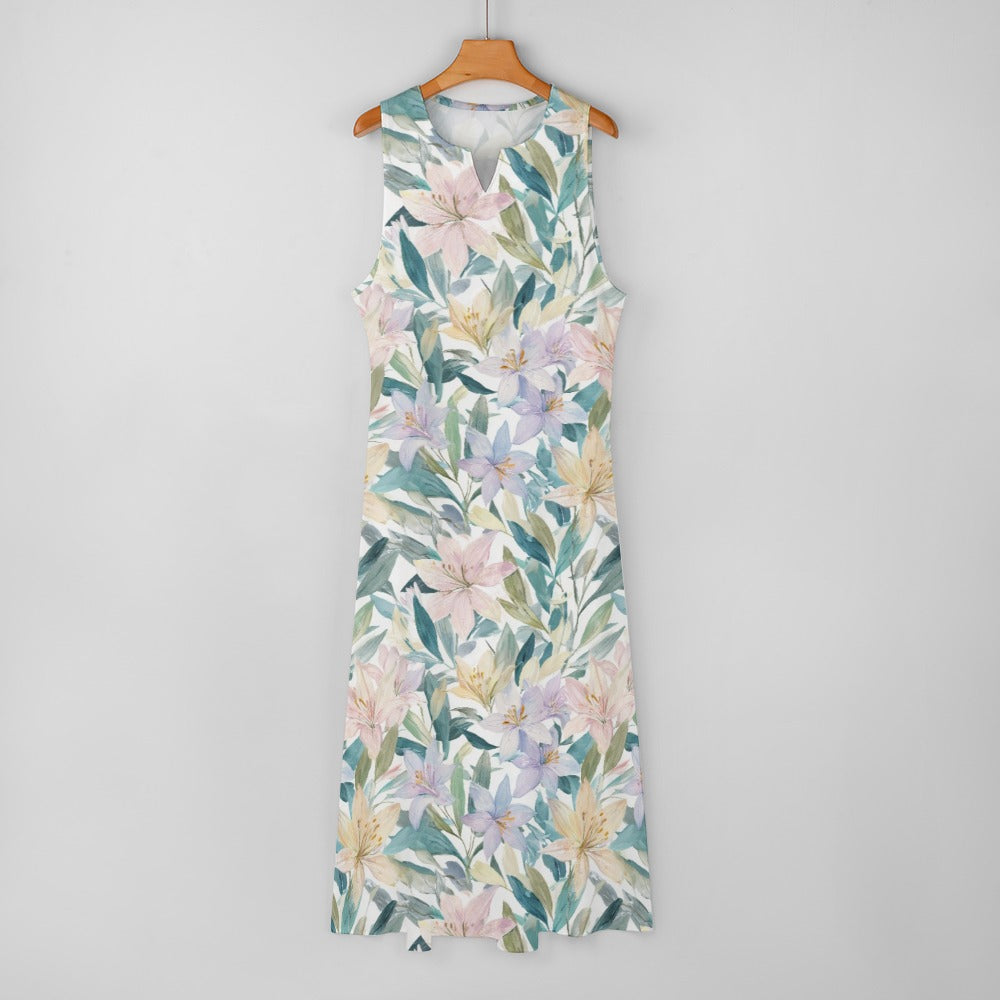 Pastel Floral Maxi Dress, Botanical Women Sleeveless Casual Cute Designer Elegant Plus Size Cocktail Party Summer A-Line Designer Pockets