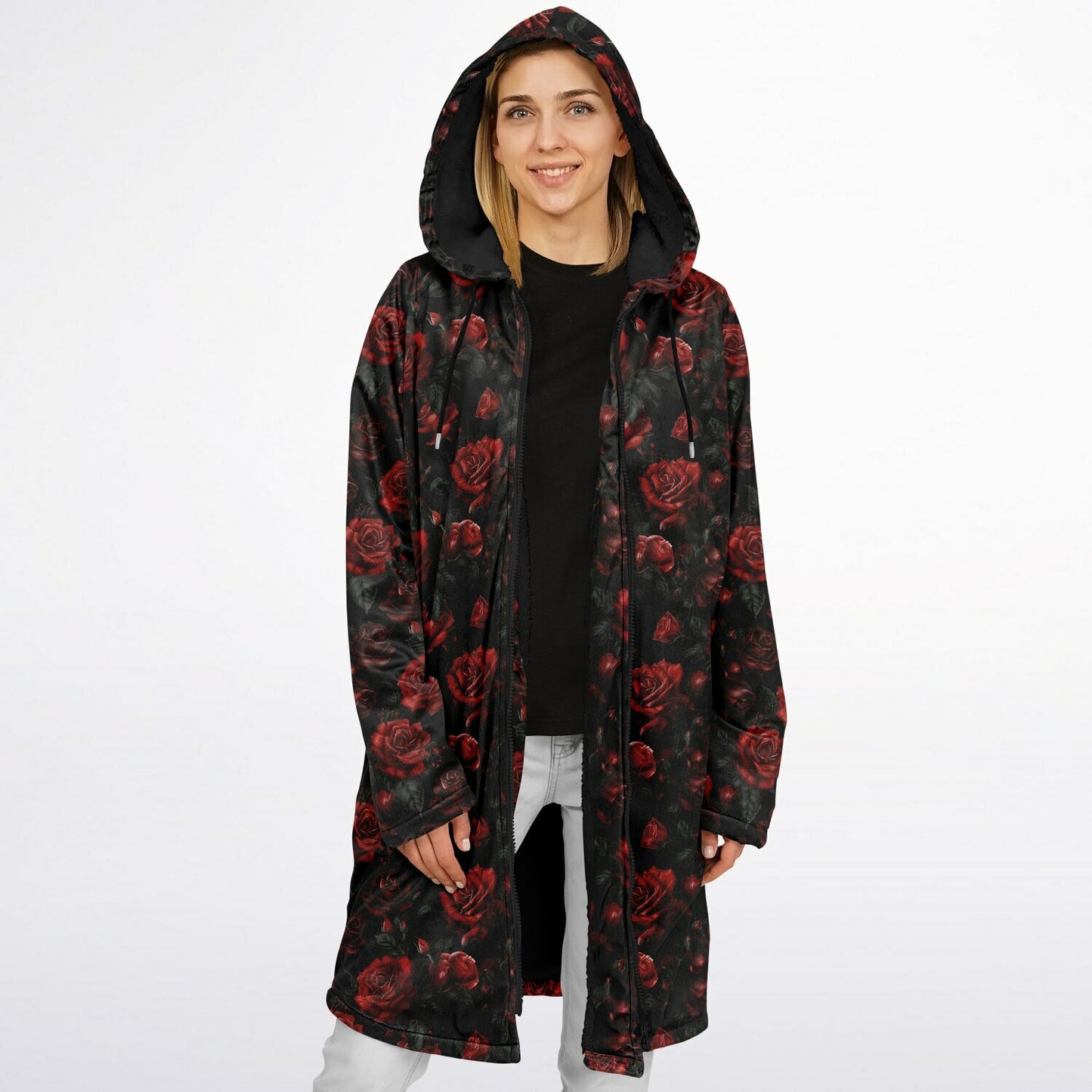 Red Roses Hooded Fleece Jacket, Black Zipper Coat Cloak Men Women Ladies Long Winter Warm Mink Hooded Parka Festival Wearable Cape Pockets