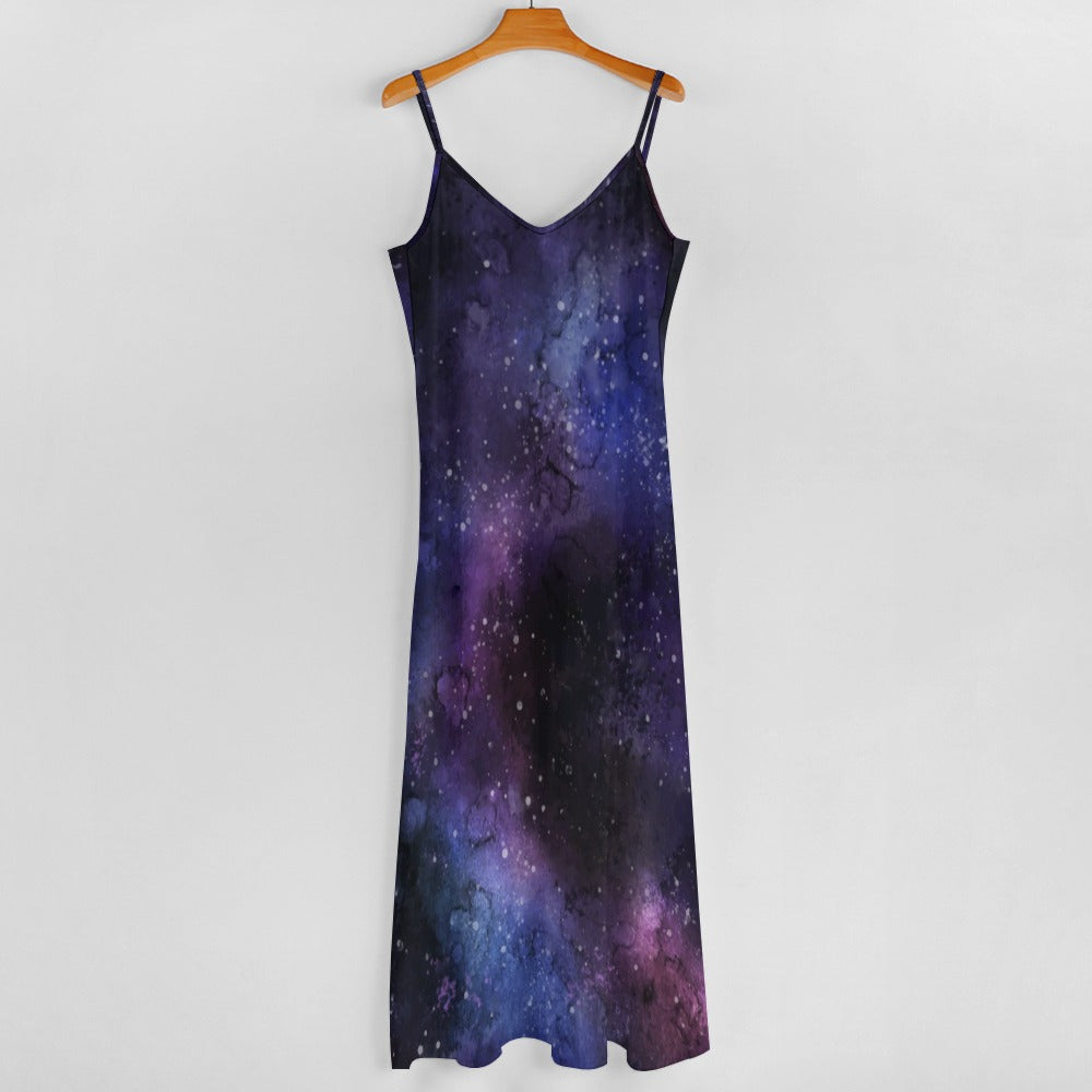 Galaxy Space Maxi Dress, Purple Stars Long Spaghetti Straps Women Sleeveless Casual Cute Designer Elegant Plus Size Cocktail Party Designer 4XL /