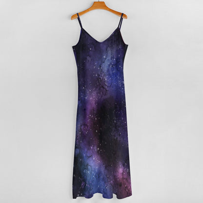 Galaxy Space Maxi Dress, Purple Stars Long Spaghetti Straps Women Sleeveless Casual Cute Designer Elegant Plus Size Cocktail Party Designer