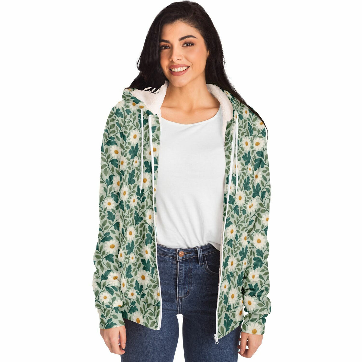 Daisy Zip Up Fleece Lined Hoodie, Floral Green Flowers Sherpa Heavyweight Full Zipper Pocket Men Women Unisex Hooded Sweatshirt Jacket