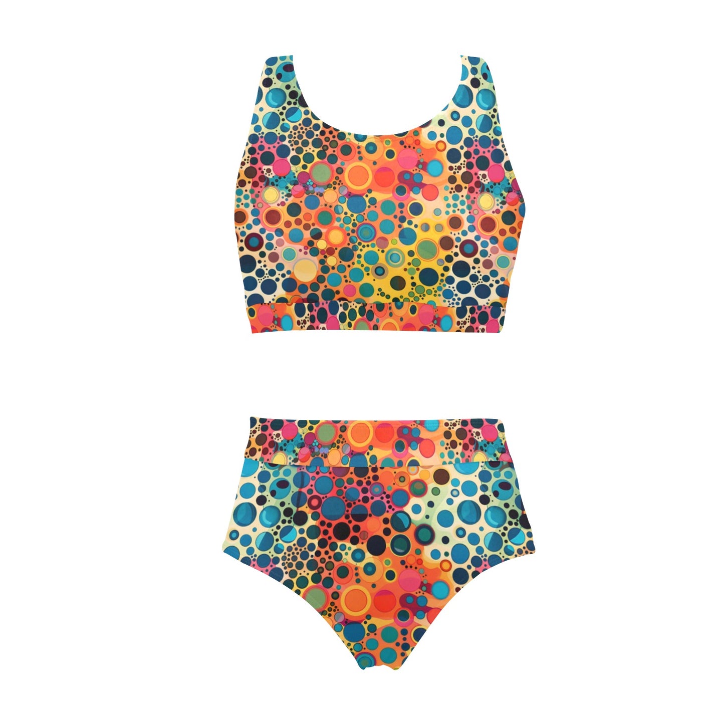 Psychedelic Sports Bikini Set, Dot Art Trippy Colorful High Waisted Cheeky Bottom Crop Halter Top Swimsuits Women Padded Festival Swimwear
