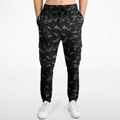 Black Camo Cargo Pants with Flap Pockets, Camouflage Men Women Fleece Joggers Sweatpants Cotton Sweats Streetwear Trousers