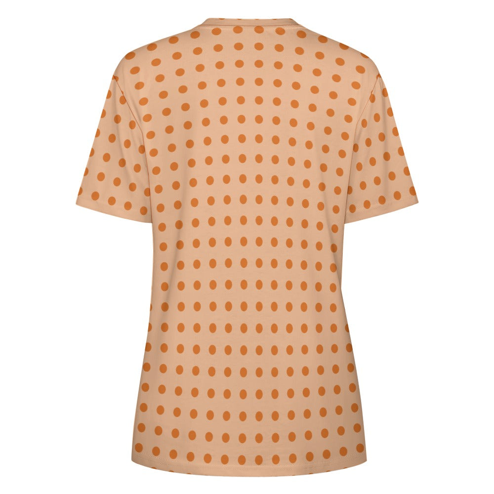 Orange Polka Dots Women Cotton Tshirt, Peach Ladies Female Designer Adult Graphic Aesthetic Fashion Fitted Crewneck Tee Shirt Top - Starcove Fashion