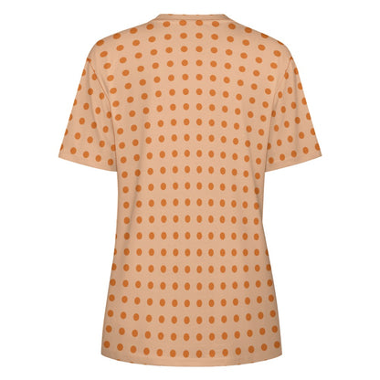 Orange Polka Dots Women Cotton Tshirt, Peach Ladies Female Designer Adult Graphic Aesthetic Fashion Fitted Crewneck Tee Shirt Top - Starcove Fashion
