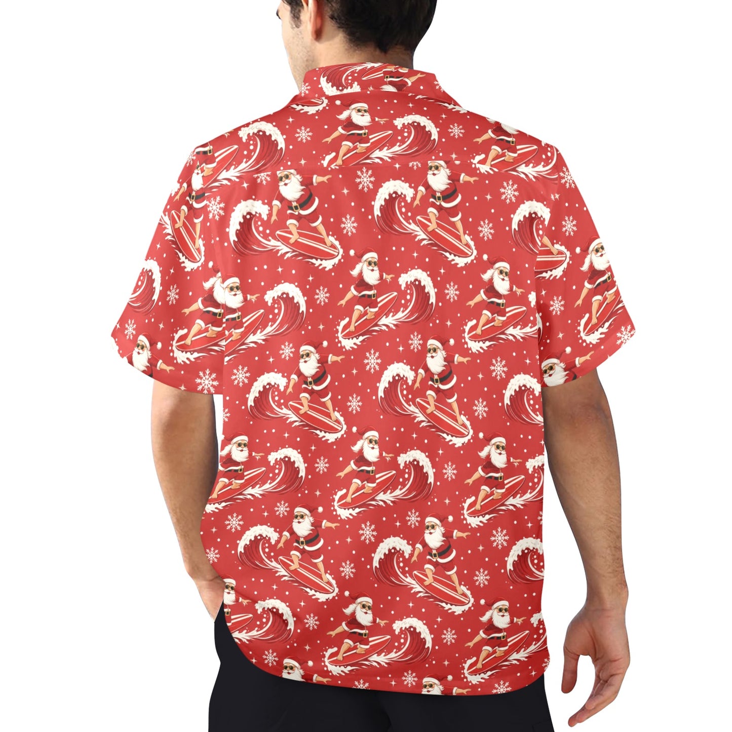 Christmas Hawaiian Men Shirt, Red Santa Claus Surfing Xmas Beach Print Vintage Aloha Hawaii Retro Tropical Plus Size Pocket Guys Button Down