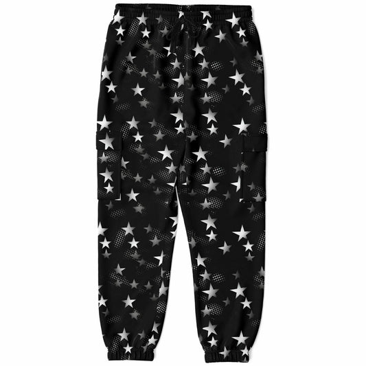 Stars Cargo Pants with Flap Pockets, Black White Men Women Guys Fleece Joggers Sweatpants Fun Comfy Cotton Sweats Streetwear