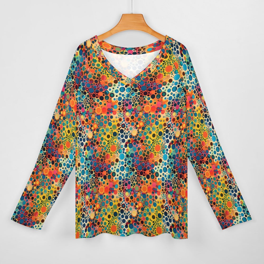 Psychedelic Women Long Sleeve Tshirt loose fit, Colorful Trippy Retro Relaxed V-neck Designer Graphic Festival Ladies Female Tee Top Shirt - Starcove Fashion