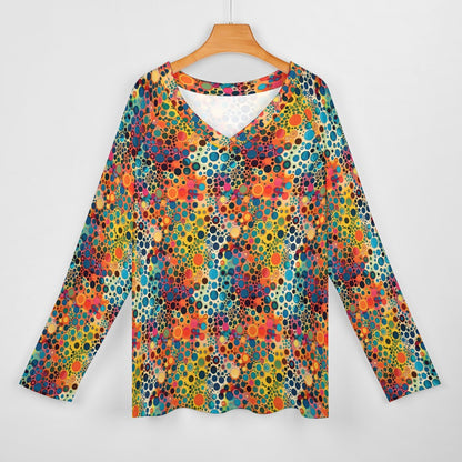 Psychedelic Women Long Sleeve Tshirt loose fit, Colorful Trippy Retro Relaxed V-neck Designer Graphic Festival Ladies Female Tee Top Shirt - Starcove Fashion