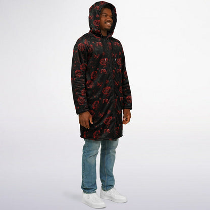 Red Roses Hooded Fleece Jacket, Black Zipper Coat Cloak Men Women Ladies Long Winter Warm Mink Hooded Parka Festival Wearable Cape Pockets