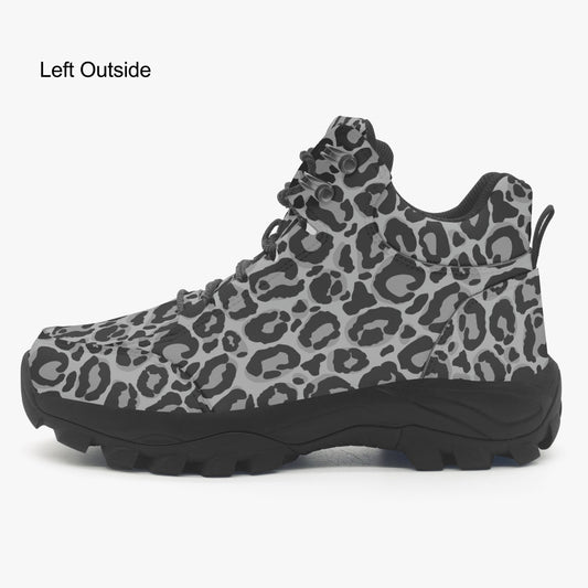 Grey Leopard Hiking Leather Boots, Gray Animal Cheetah Print Men Women Lace Up Walking Hunting Rubber Shoes Print Ankle Winter Casual Work
