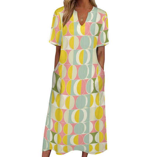 Mid Century Modern Women Maxi Dress, V-Neck 60s Retro Geometric Vintage 70s Short Sleeve Summer Cocktail Ladies Designer Plus Size Pockets