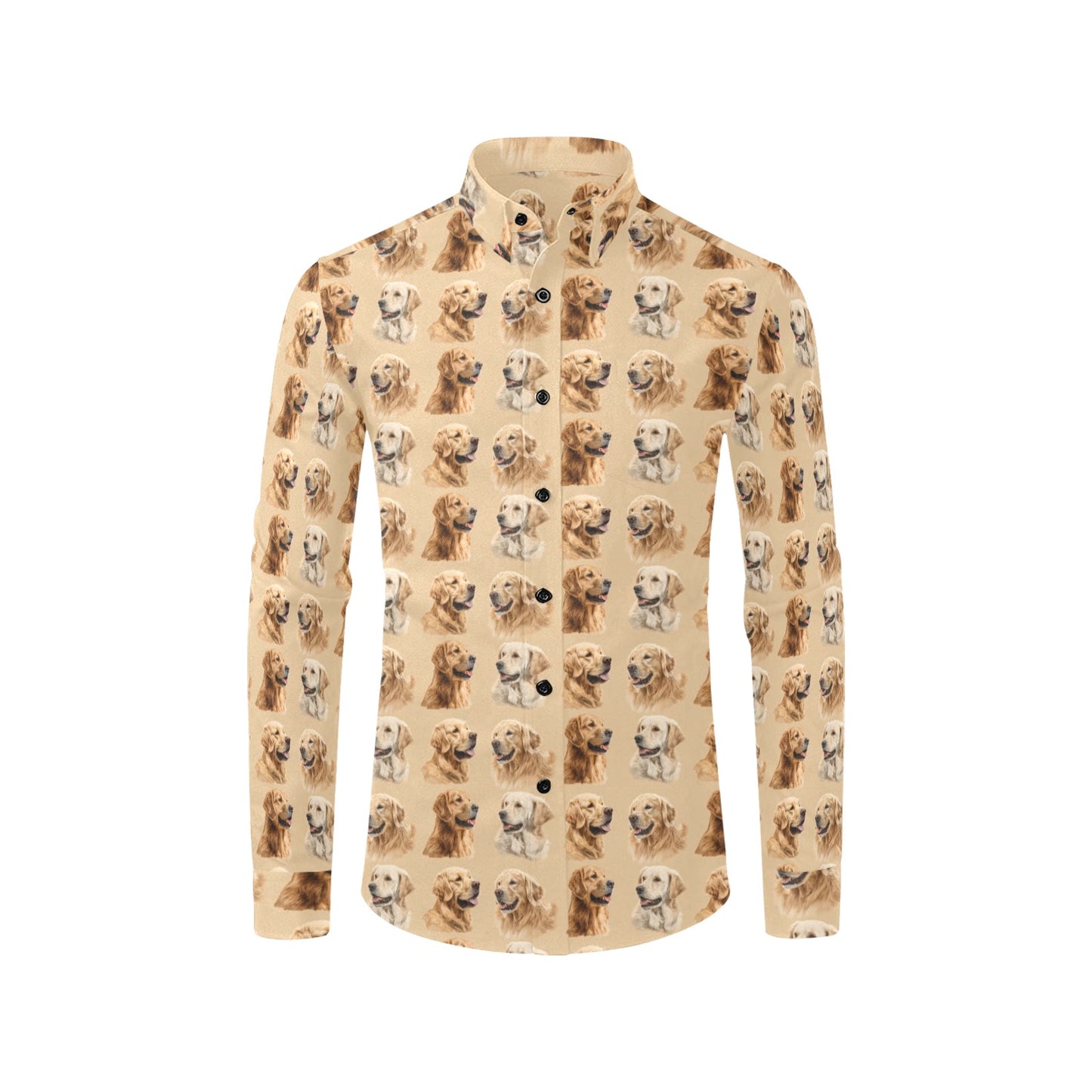 Dog Long Sleeve Men Button Up Shirt, Golden retriever Animal Print Guys Male Casual Dress Buttoned Collared Chest Pocket Plus Size