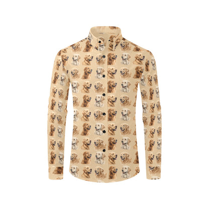 Dog Long Sleeve Men Button Up Shirt, Golden retriever Animal Print Guys Male Casual Dress Buttoned Collared Chest Pocket Plus Size