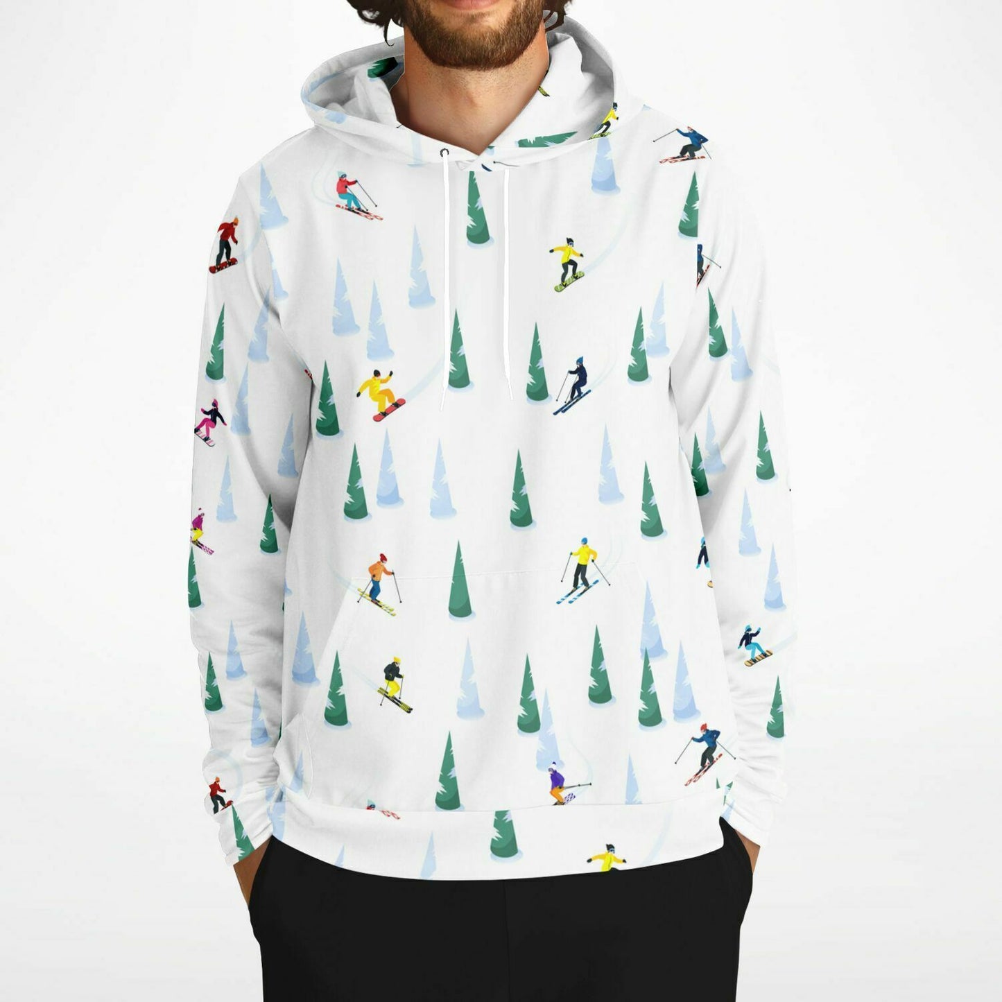 Ski Hoodie, Snowboard Skiing Print Winter Snow White Sport Pullover Men Women Adult Aesthetic Graphic Cotton Hooded Sweatshirt with Pockets