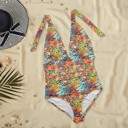 Psychedelic One Piece Swimsuit Women, Funky Trippy Dots Plunge Halter Backless Designer Swim Swimming Bathing Suits Ladies Swimwear