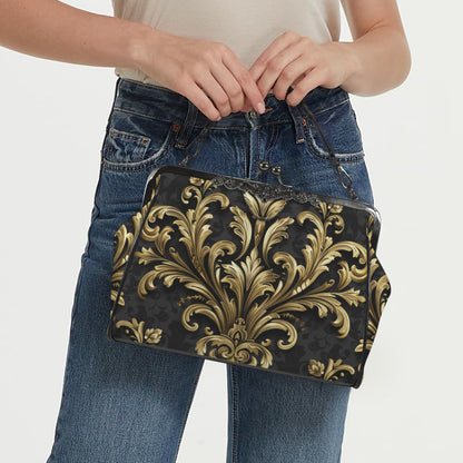 Baroque Kiss Lock Purse Handbag, Retro Black Ornate Gold Print Vegan Leather Vintage Designer Shoulder Crossbody Top Handle Clasp Bag