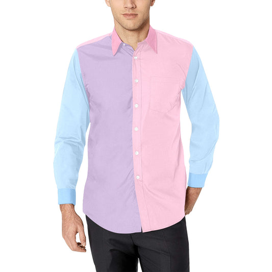 Color Block Long Sleeve Men Button Up Shirt, Pink Blue Purple Pastel Tone Combo Print Buttoned Male Guys Collared Dress Shirt Chest Pocket