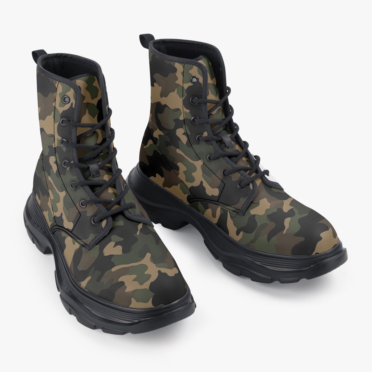 Camo Leather Chunky Boots, Camouflage Green Brown Lace Up Shoes Hiking Women Men Female Festival Black Ankle Combat Work Winter Casual Starcove Fashion