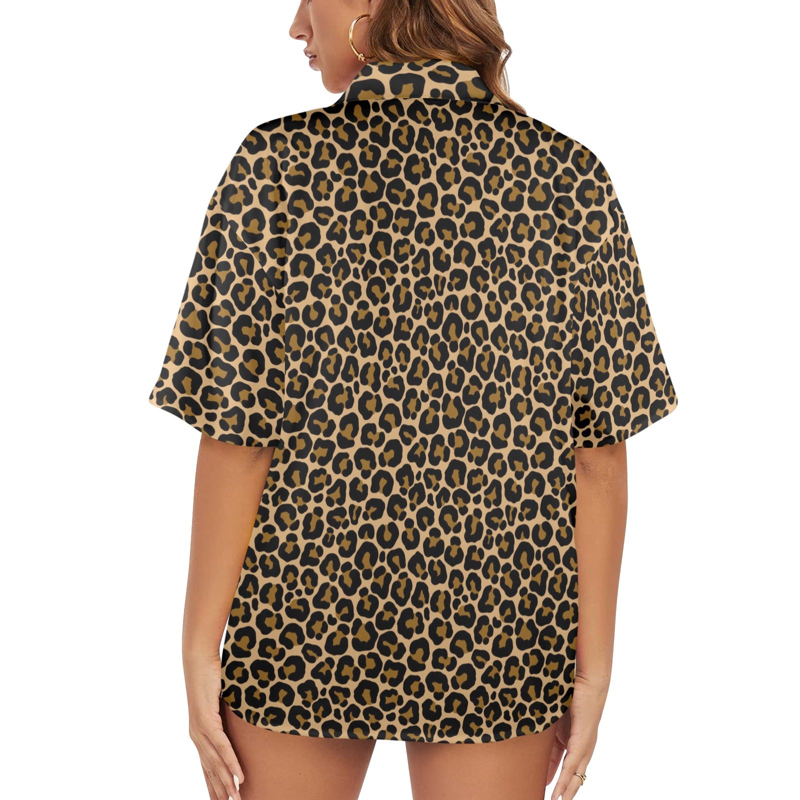 Leopard Women Hawaiian shirt, Animal Print Cheetah Brown Summer Tropical Print Vintage Hawaii Aloha Button Up Down Plus Size Ladies Blouse - Starcove Fashion