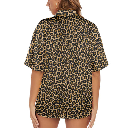 Leopard Women Hawaiian shirt, Animal Print Cheetah Brown Summer Tropical Print Vintage Hawaii Aloha Button Up Down Plus Size Ladies Blouse - Starcove Fashion