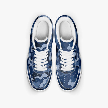 Blue Camo Vegan Leather Shoes, Navy Camouflage Men Women Sneakers White Low Top Lace Up Custom Designer Flat Casual Handmade