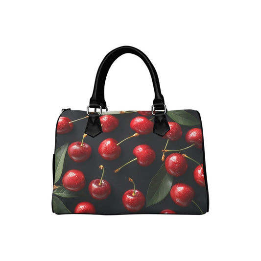 Cherry Print Handbag Purse, Cute Summer Fruit Red Black Art Top Zipper Canvas Leather Top Handle Barrel Type Women Designer Ladies Bag