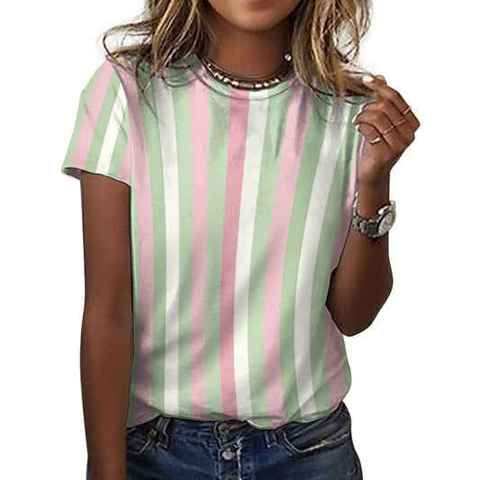 Pink Green Striped Women Cotton Tshirt, Vertical Stripes Ladies Female Designer Adult Aesthetic Fashion Fitted Crewneck Tee Shirt Top