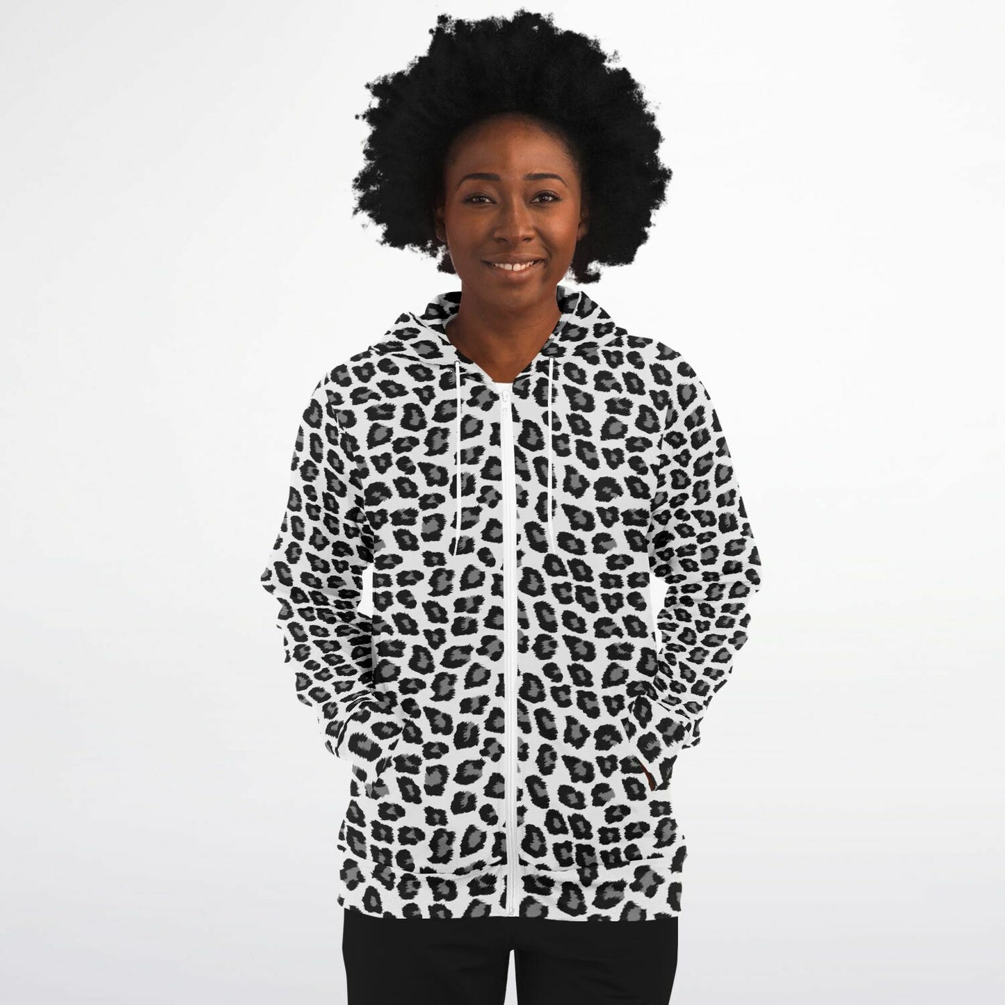 Snow Leopard Zip Up Hoodie, Black White Animal Print Full Zipper Pocket Men Women Unisex Adult Graphic Cotton Fleece Hooded Sweatshirt