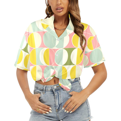 Mid Century Modern Women Hawaiian shirt, Retro Vintage Summer Yellow Print Vintage Retro Hawaii Aloha Button Up Down Plus Size Ladies Blouse