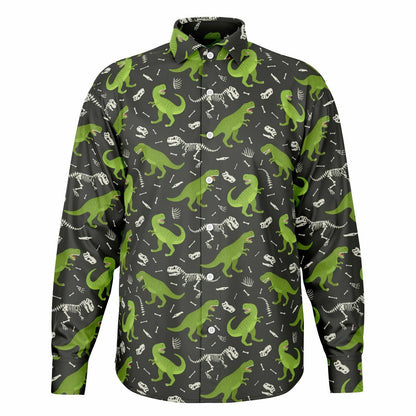 Dinosaur Long Sleeve Men Button Up Shirt, Skeleton Dino Green Guys Male Print Buttoned Down Collared Funny Graphic Casual Dress Shirt
