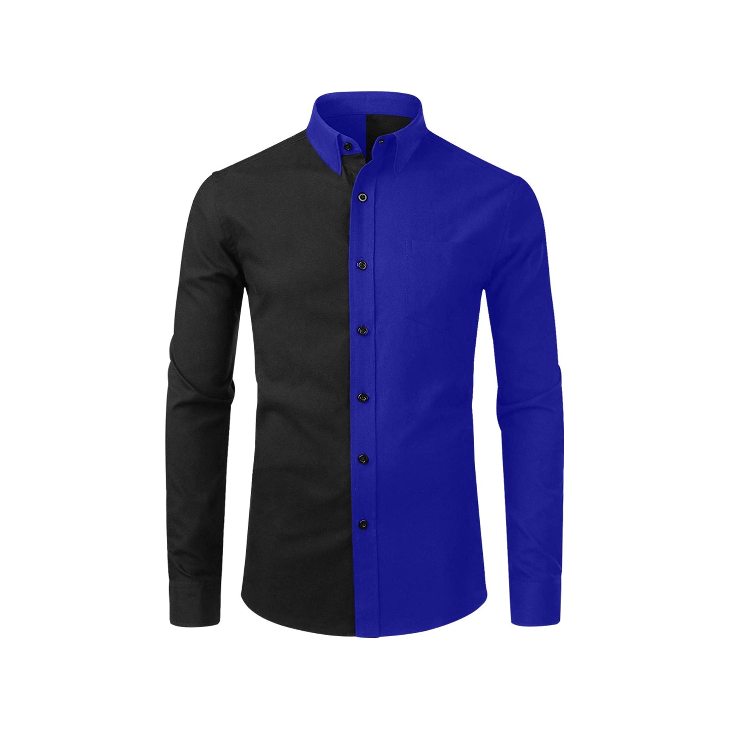 Half Black Half Blue Long Sleeve Men Button Up Shirt, Color Block Split Two Tone Combo Print Buttoned Collared Dress Shirt Chest Pocket