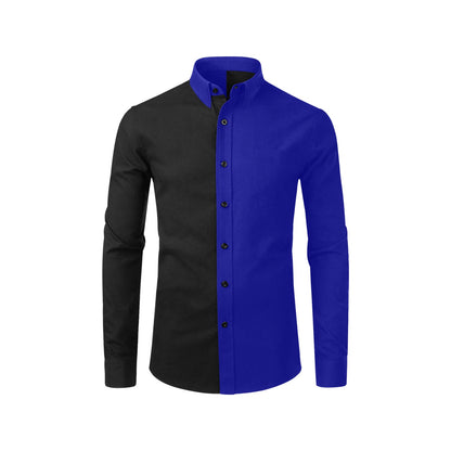 Half Black Half Blue Long Sleeve Men Button Up Shirt, Color Block Split Two Tone Combo Print Buttoned Collared Dress Shirt Chest Pocket