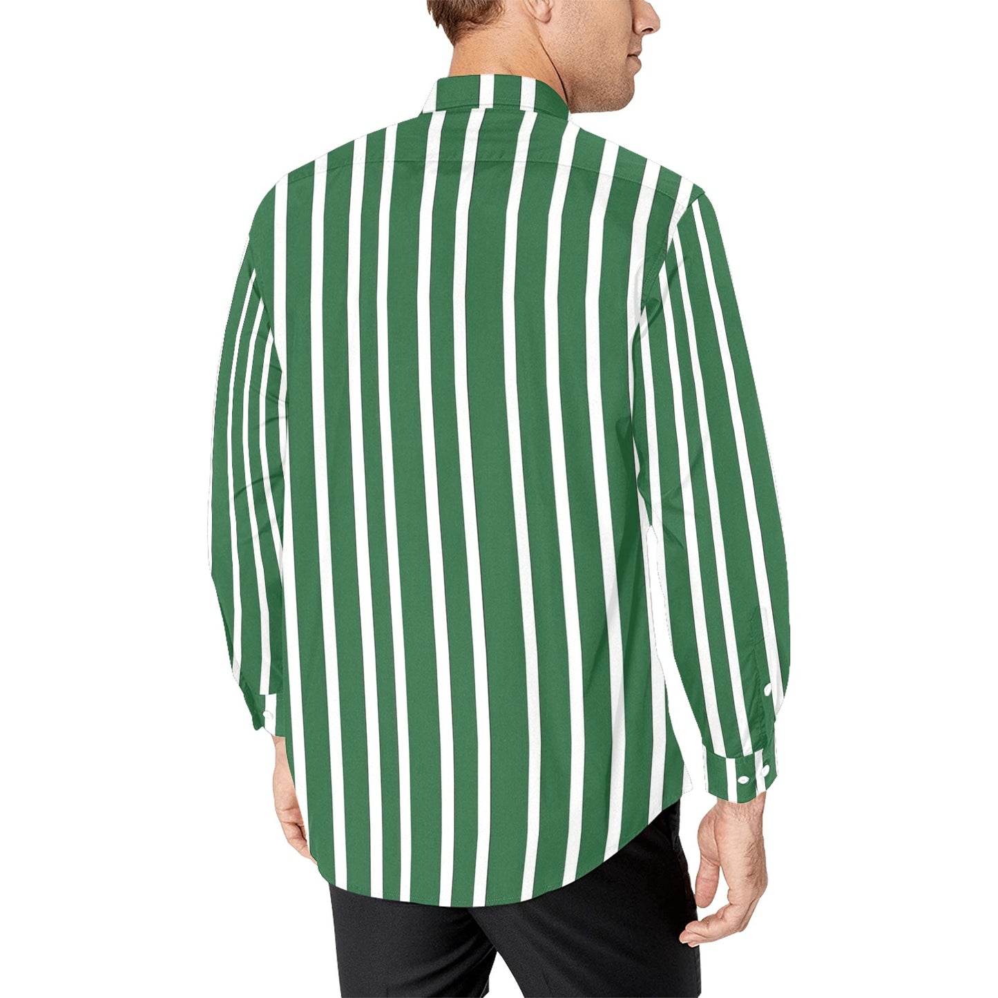 Green White Striped Men Button Up Shirt, Vertical Stripes Long Sleeve Buttoned Down Collar Male Guys Casual Dress Chest Pocket