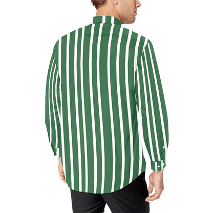 Green White Striped Men Button Up Shirt, Vertical Stripes Long Sleeve Buttoned Down Collar Male Guys Casual Dress Chest Pocket