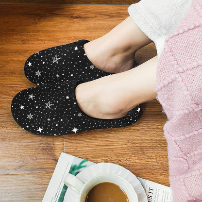 Stars Women's Slippers, Black White Space Universe Ladies House Slide Handmade Bedroom Warm Winter Cozy Designer Slip On Cotton Shoes