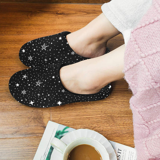 Stars Women's Slippers, Black White Space Universe Ladies House Slide Handmade Bedroom Warm Winter Cozy Designer Slip On Cotton Shoes