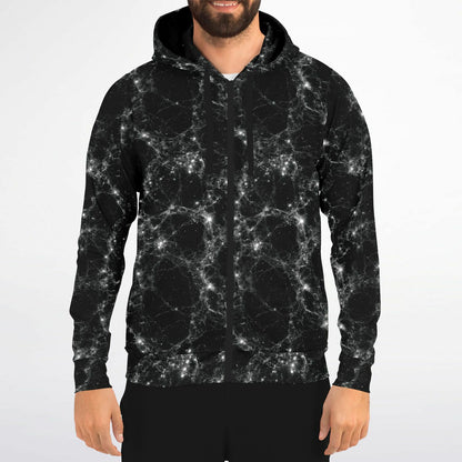 Black Galaxy Zip Up Hoodie, Space Stars Universe Full Zipper Pocket Men Women Unisex Adult Aesthetic Graphic Cotton Fleece Hooded Sweatshirt