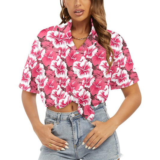 Pink Hibiscus Women Hawaiian shirt, Floral Flowers Summer Tropical Print Vintage Retro Hawaii Aloha Button Up Down Plus Size Ladies Blouse